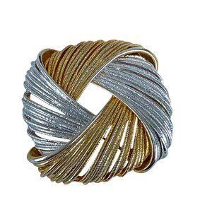Vintage Gold Silver Swirl Brooch 2" Textured Ribbon Round Pin Costume Jewelry